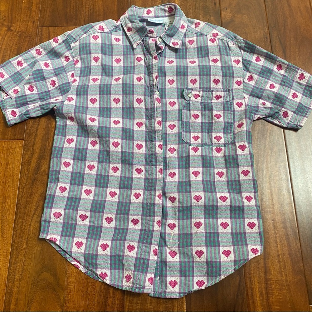 VTG Backroad Blues Women Shirt Medium Purple Pink Hearts Colorful Button Up